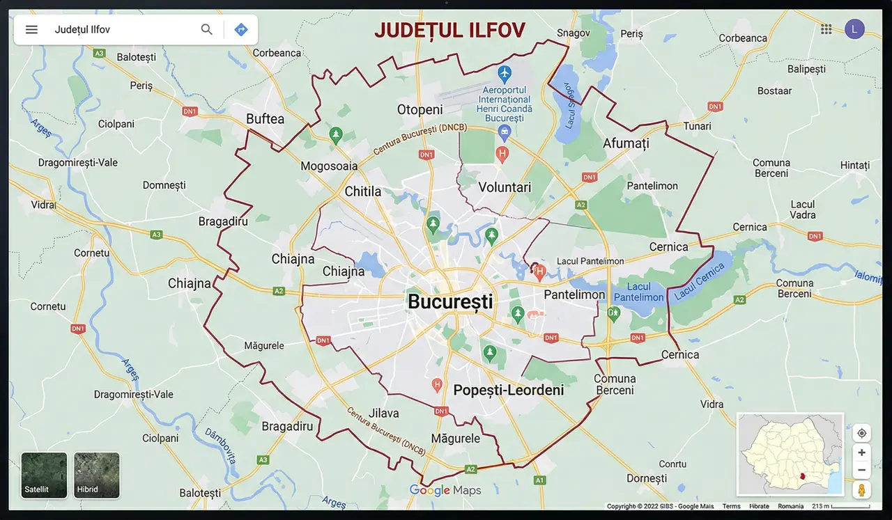 O hartă digitală a județului Ilfov afișată pe un monitor, ilustrând aria de acoperire pentru serviciile de transport marfă Ilfov, localitățile limitrofe Bucureștiului.