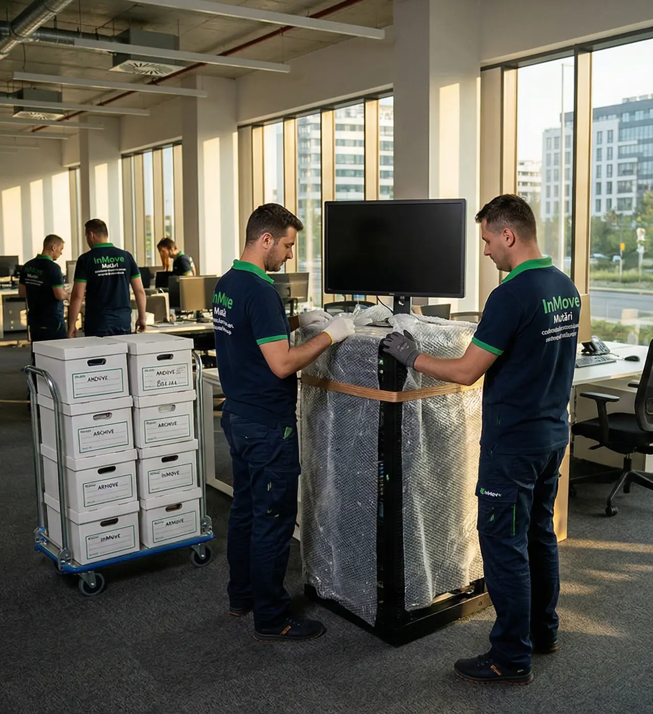 Un colaj foto arătând procesul de mutări sedii firme. Angajații InMove protejează calculatoare, monitoare și cutii de arhivă într-un birou.