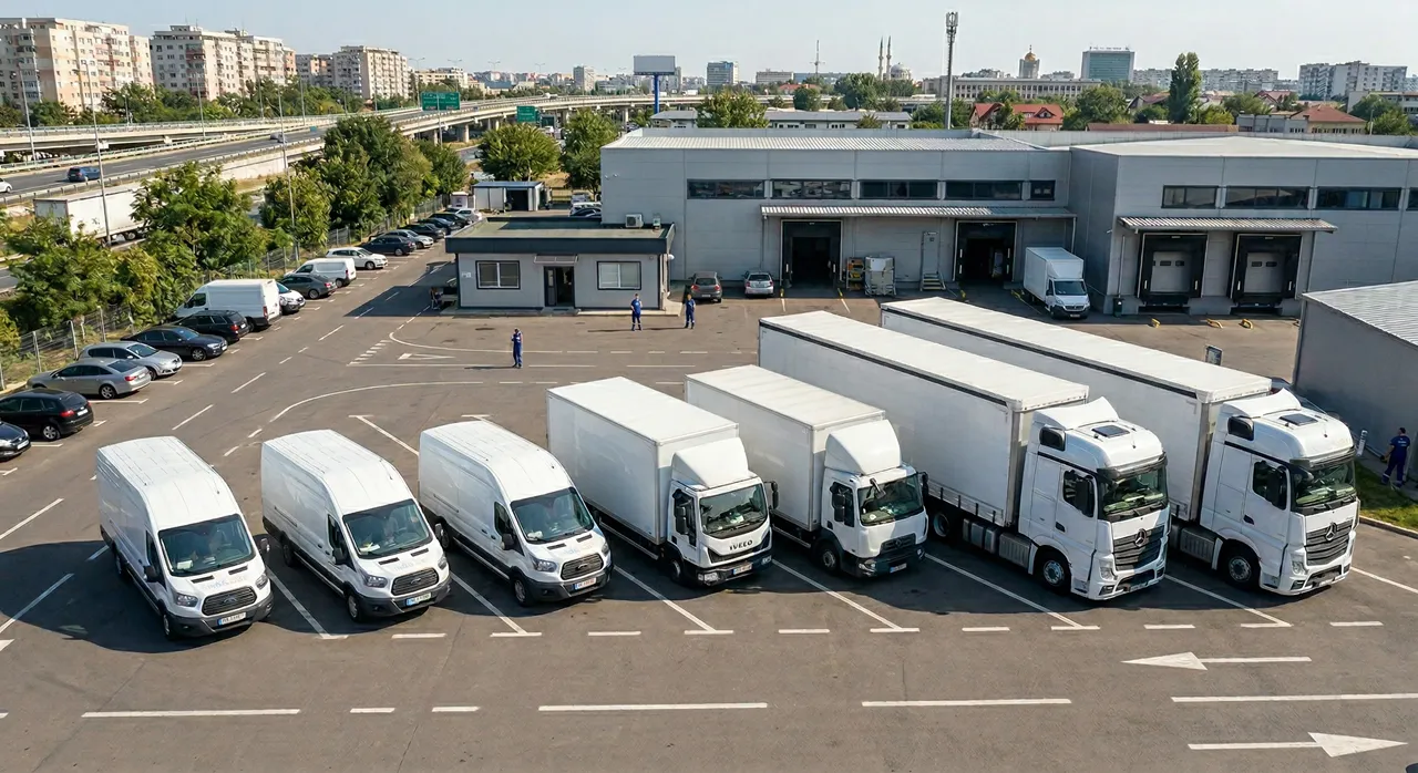 Vedere de sus cu flota completă InMove, formată din dube, camioane și TIR-uri albe parcate la sediu, pregătite pentru servicii de transport mobilă București și relocări.